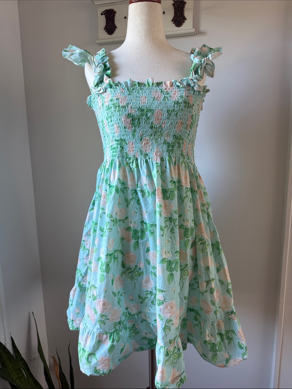 Hill House Home Elizabeth Nap Mini Dress Mint Blue Roses Floral Smocked Boho